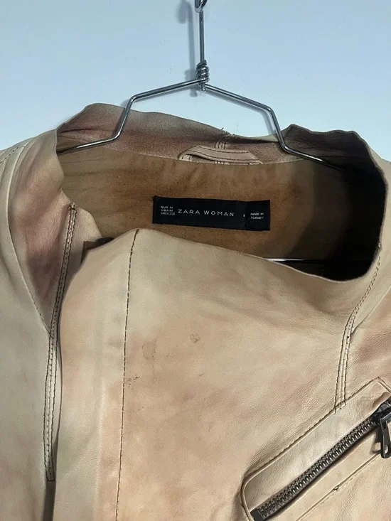 Zara Beige Soft Leather Moto Jacket w/Brown Ribbed Sleeves - Size M (runs small) - Picture 2 of 6